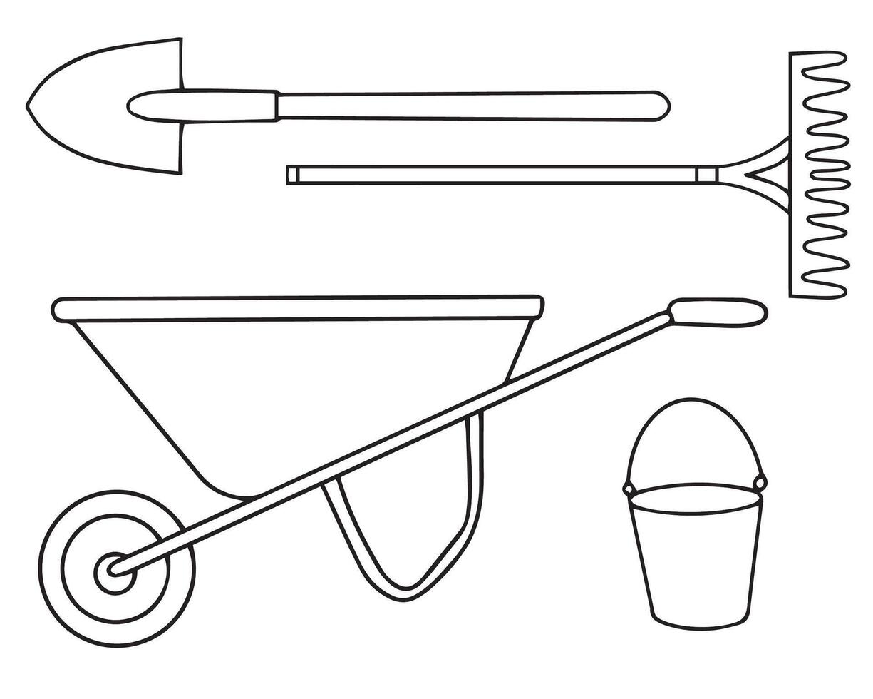 Set of gardening tools draw vector elements. Hand shovel, rake, bucket, wheelbarrow isolated on white. Vector. Vector illustration