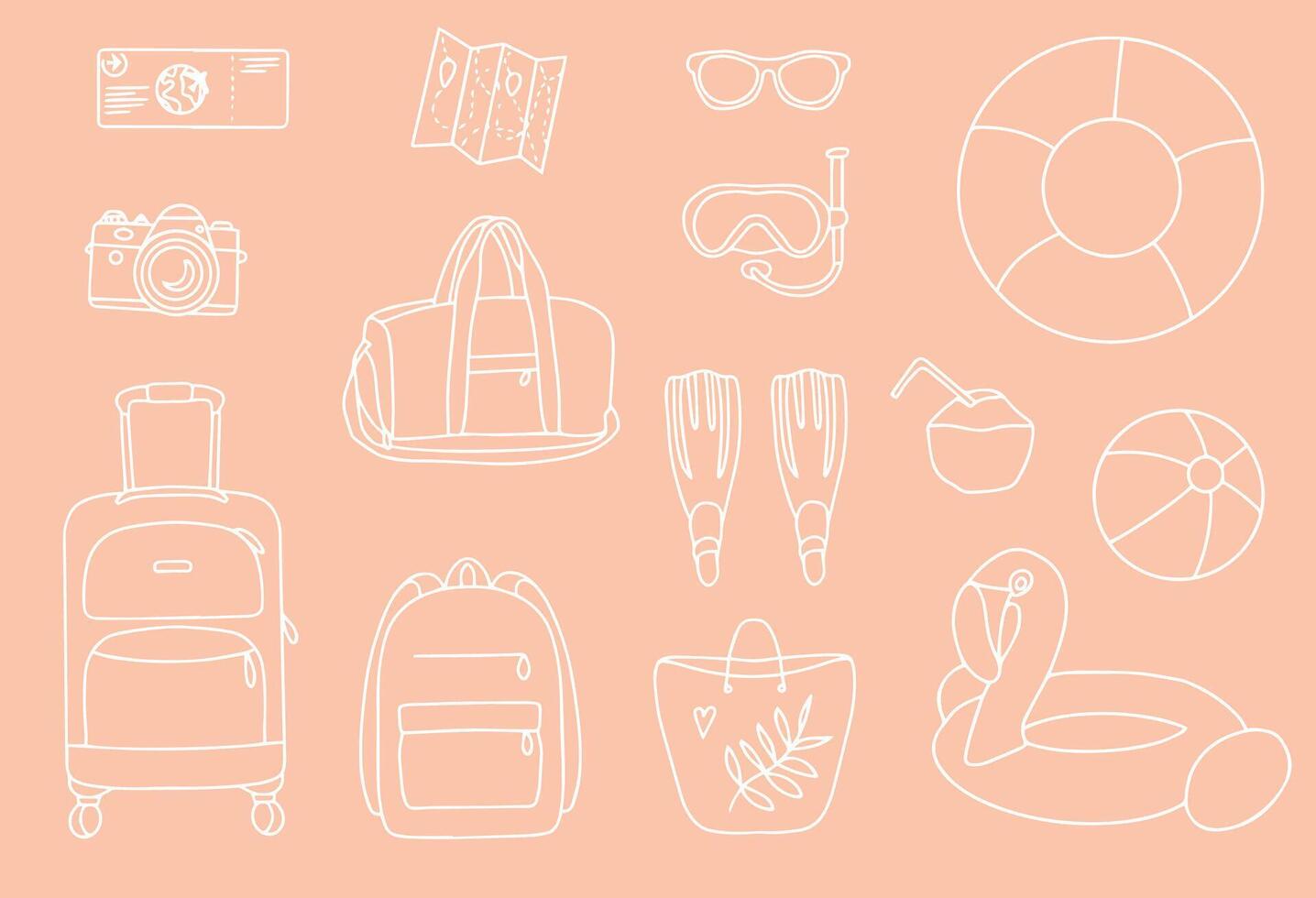 Hand drawn set of summer vacation elements, luggage and bathing accessories. Travel element drawn in doodle style. Illustration for banner, background, badge, logo design. Vector