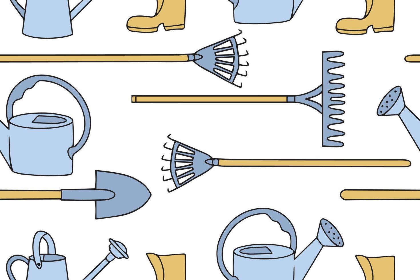 Gardening hand drawn seamless pattern, doodle ornament of gardening tools icons, vector illustration of shovel, watering can. Vector