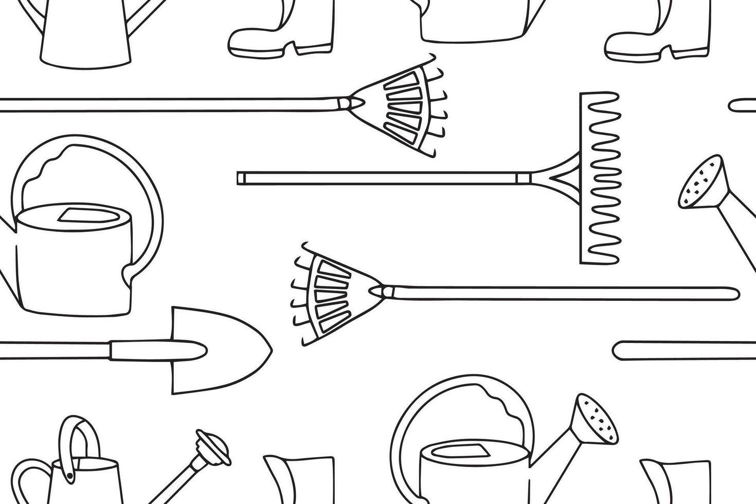 Gardening hand drawn seamless pattern, doodle ornament of gardening tools icons, vector illustration of shovel, watering can. Vector