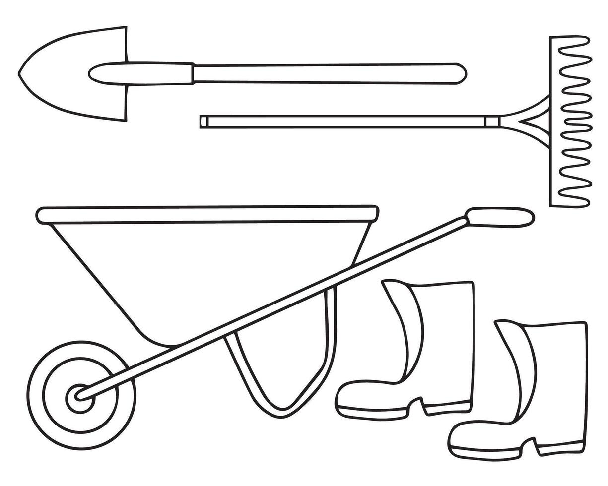 conjunto de jardín herramientas garabatear vector elementos. mano pala, rastrillo, riego poder, caucho botas, carretilla aislado en blanco. vector