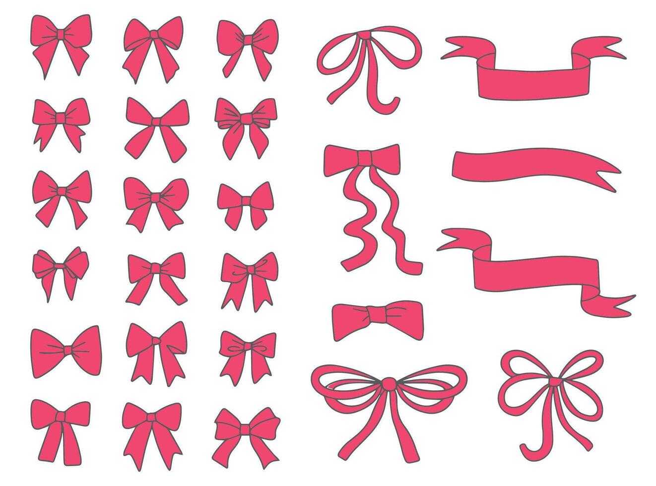 conjunto de elegante rosado dibujos animados arcos en un blanco fondo, regalo cintas de moda accesorio para pelo trenza. dibujo cintas mano dibujado vector. vector