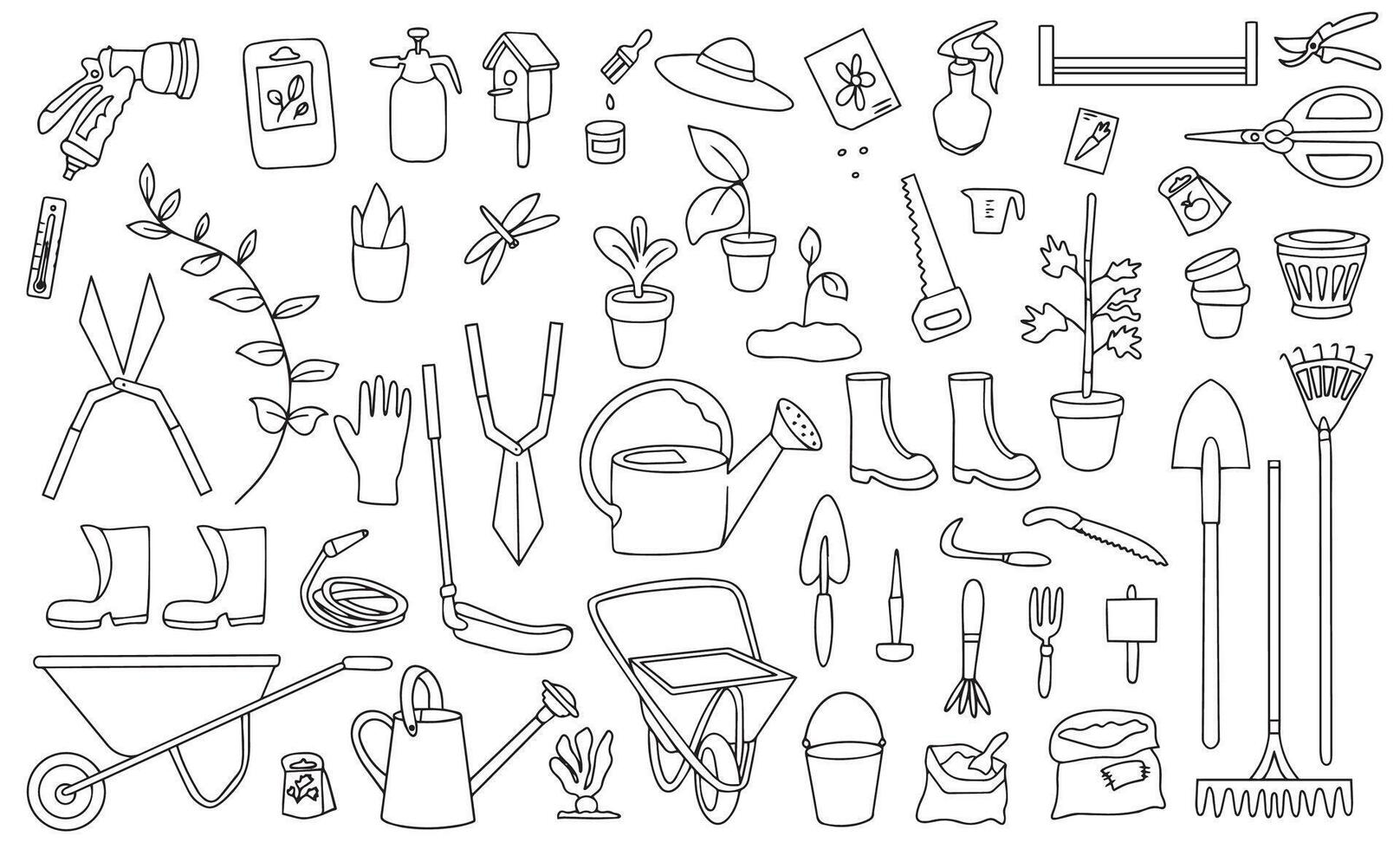 Large set of garden tools in doodle style. Watering can, hoe, bucket, hose, vector