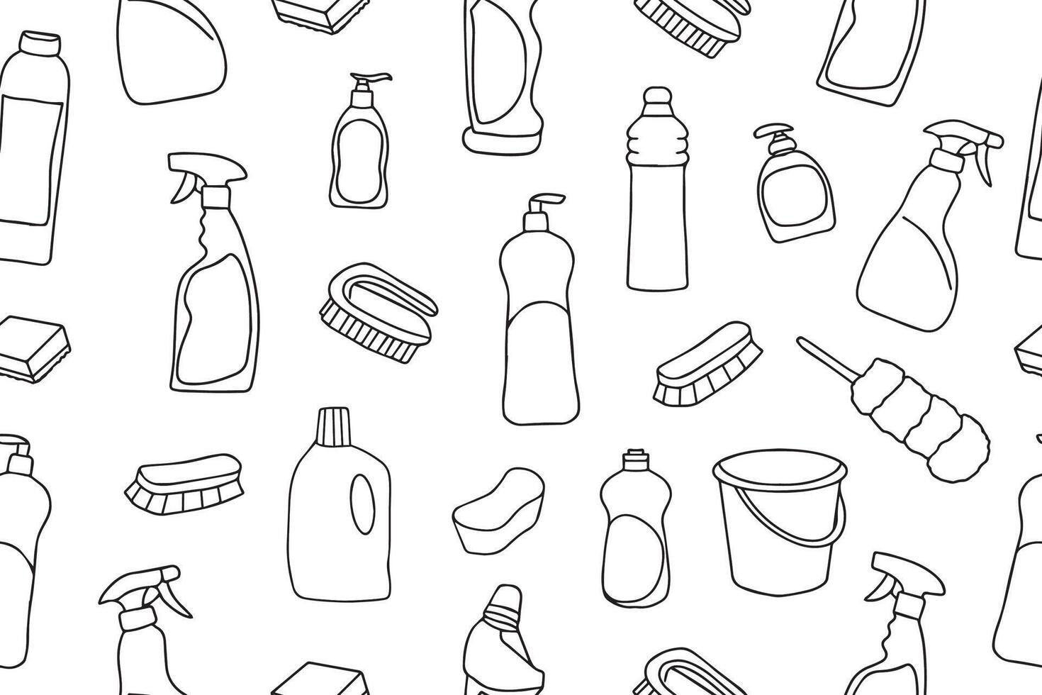 Seamless pattern of cleaning equipment. Cleaning line icons. Line of hand-drawn equipment, cleaning products and tools for washing and disinfecting the house, bucket and mop, detergent sprayer. vector