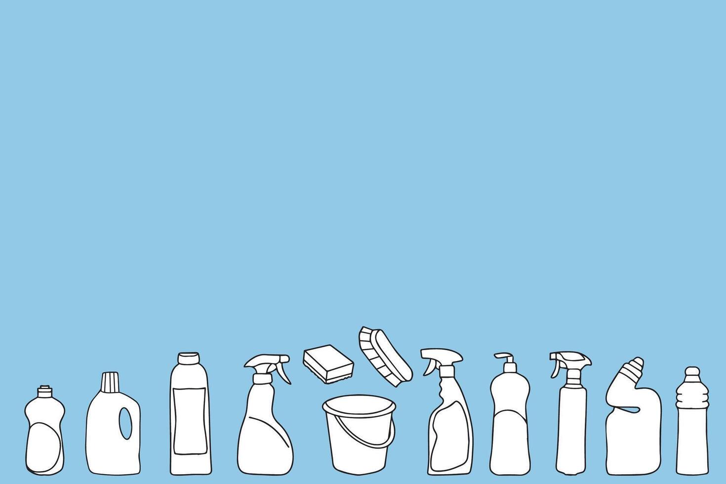 Set of cleaning equipment. Cleaning line icons. Line of hand-drawn cleaning, washing and disinfection products. Vector illustration