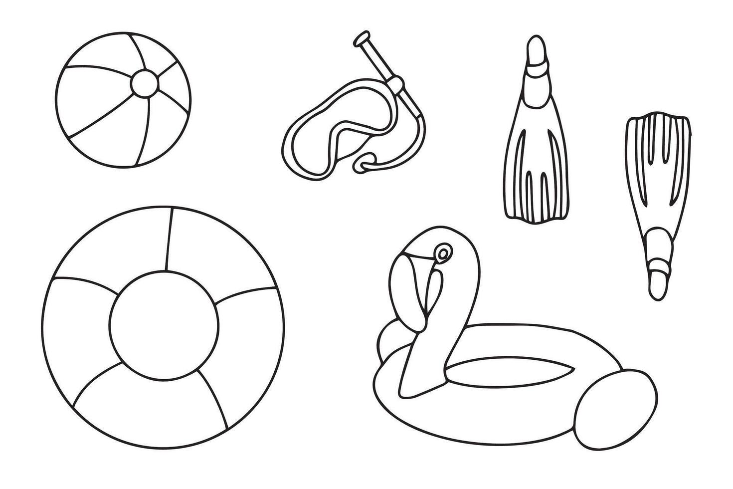 Set for relaxing on the beach. Snorkeling accessories, inflatable ball, circle. Isolated drawings in doodle style on a white background. Vector