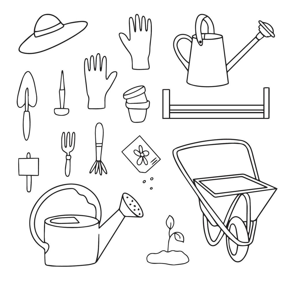 Hand drawn gardening icon set. Spring or summer equipment for working outdoors. vector