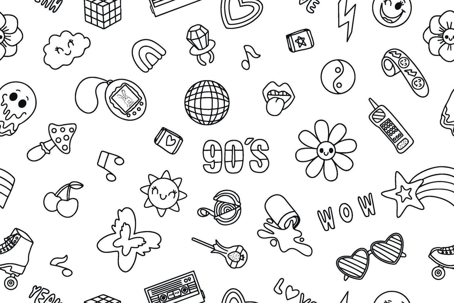 Seamless pattern of classic 80s 90s elements in doodle style. Hand drawn vector illustration. Fashionable patch, badge, emblem. Vector i