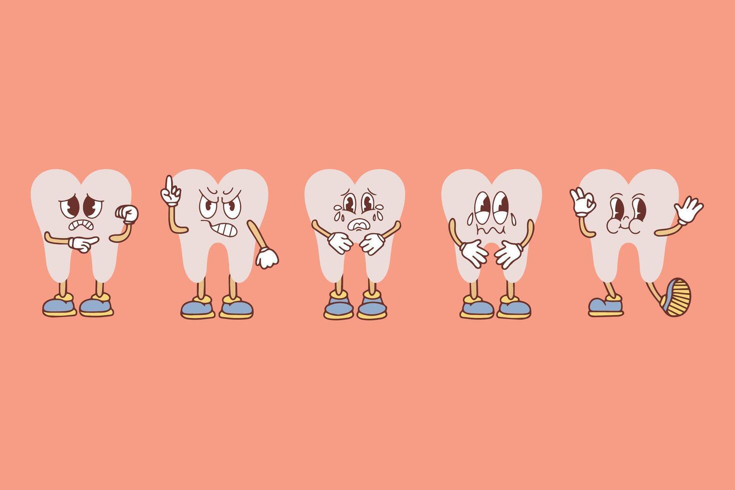 Set of groovy tooth cartoon characters. Funny healthy white molars with happy and sad faces, retro cartoon teeth mascot, dentistry and dental care sticker. Vector