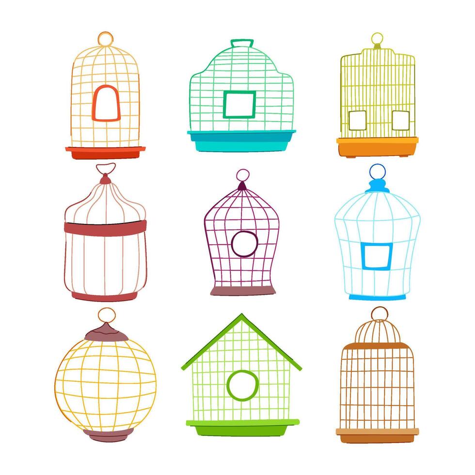bird cage set cartoon vector illustration