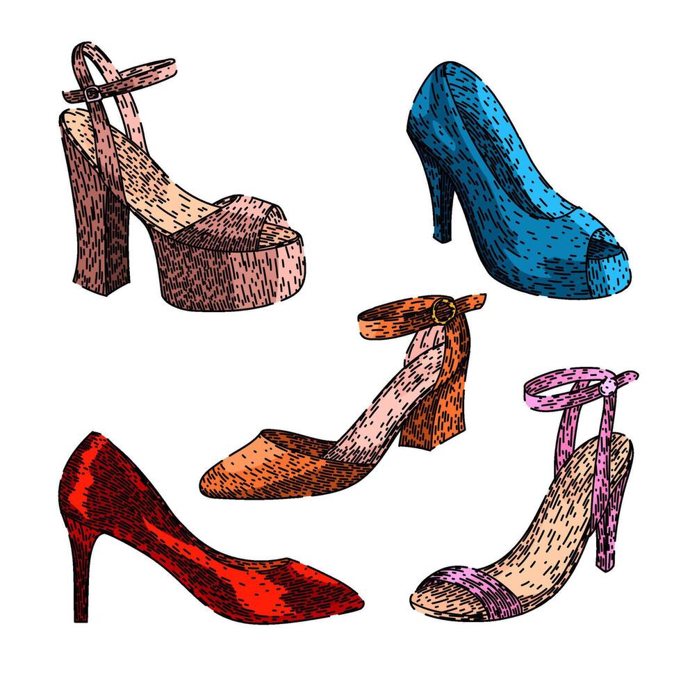 high heel shoes set sketch hand drawn vector