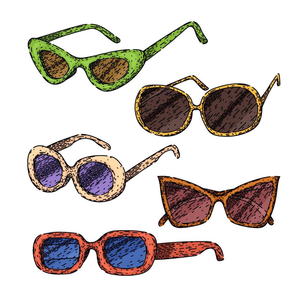 sunglasses female vintage set sketch hand drawn vector
