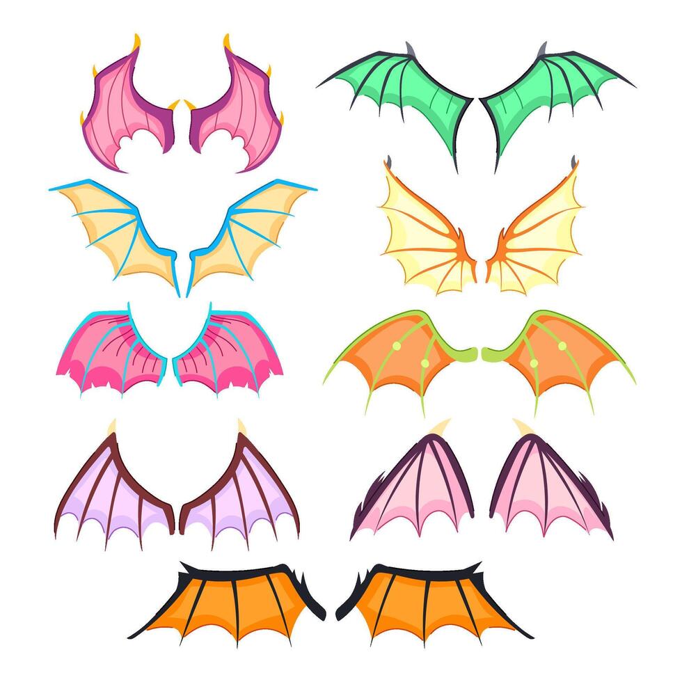 wings dragon set cartoon vector illustration