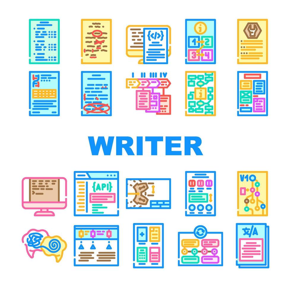 technical writer document manual icons set vector