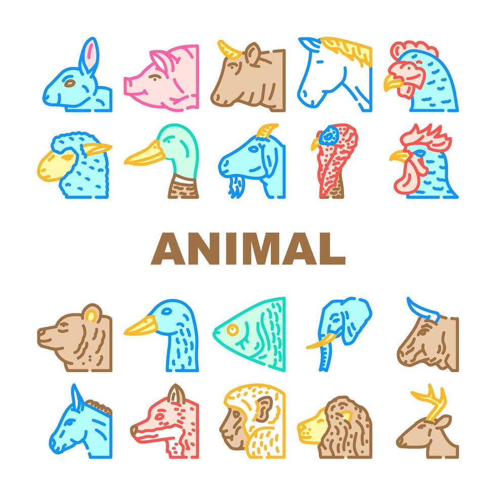 animal zoo pet face farm icons set vector