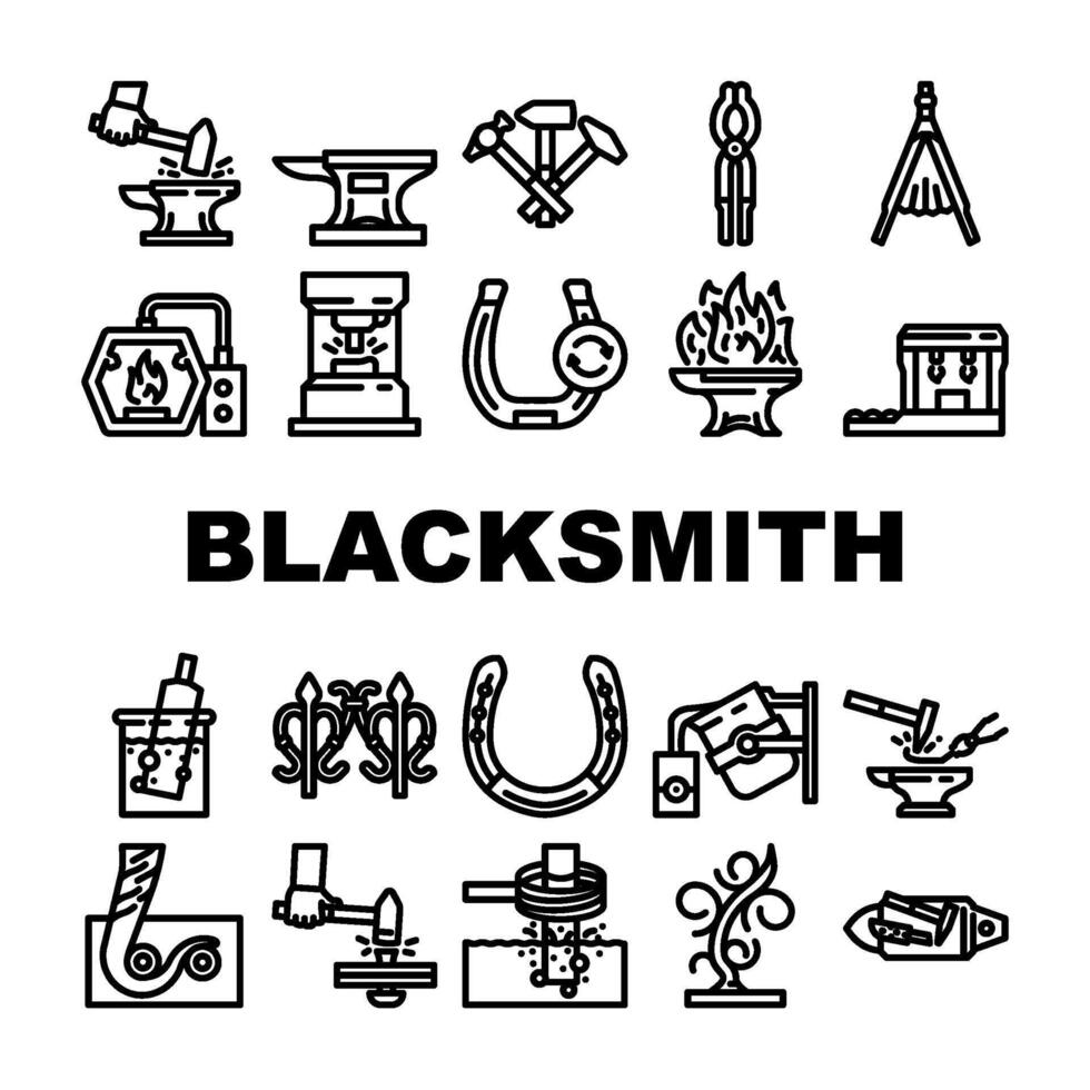blacksmith forge anvil work icons set vector