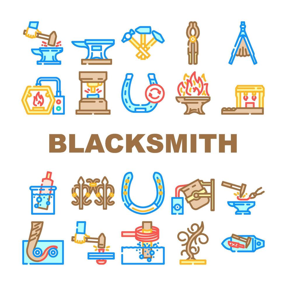 blacksmith forge anvil work icons set vector