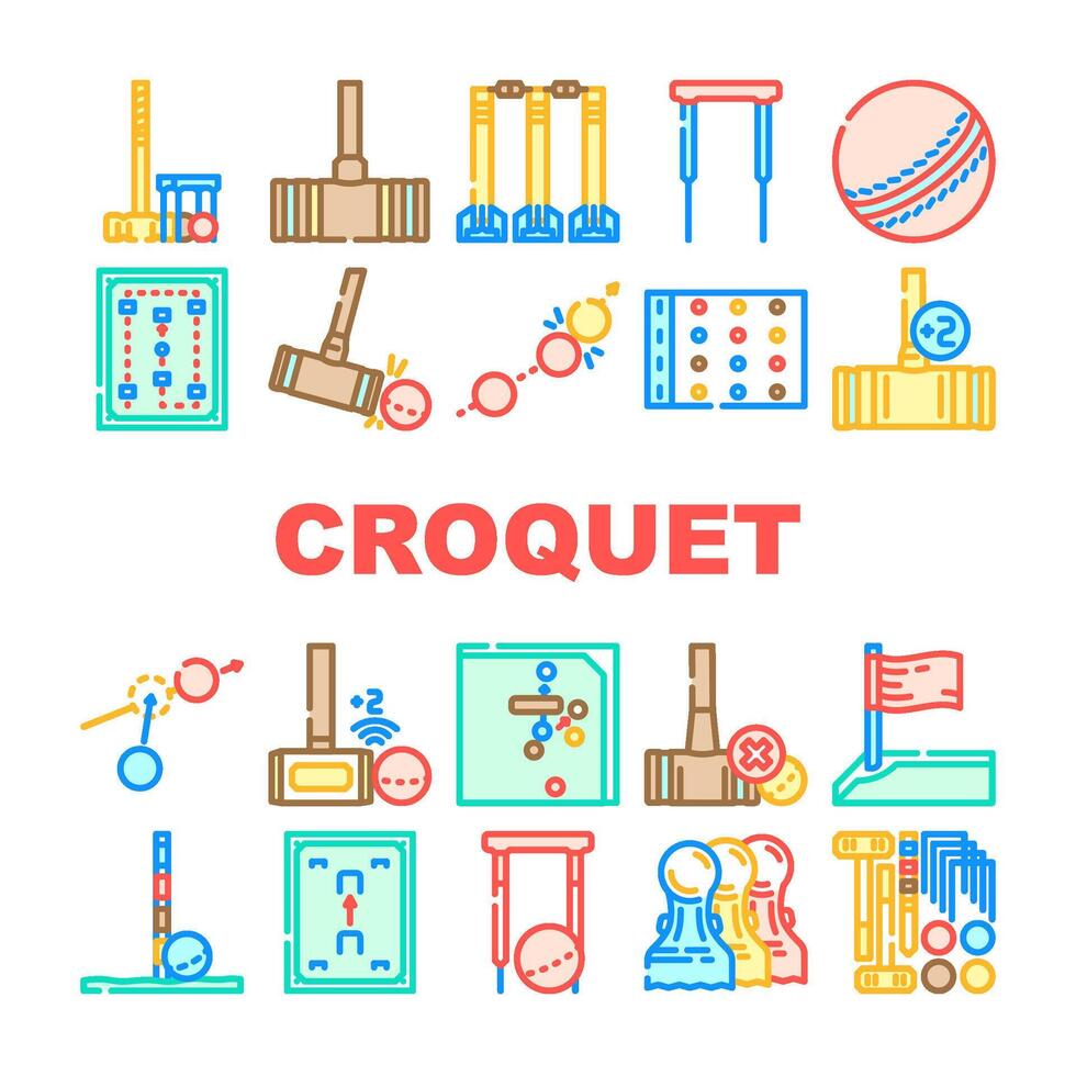 croquet mallet lawn icons set vector
