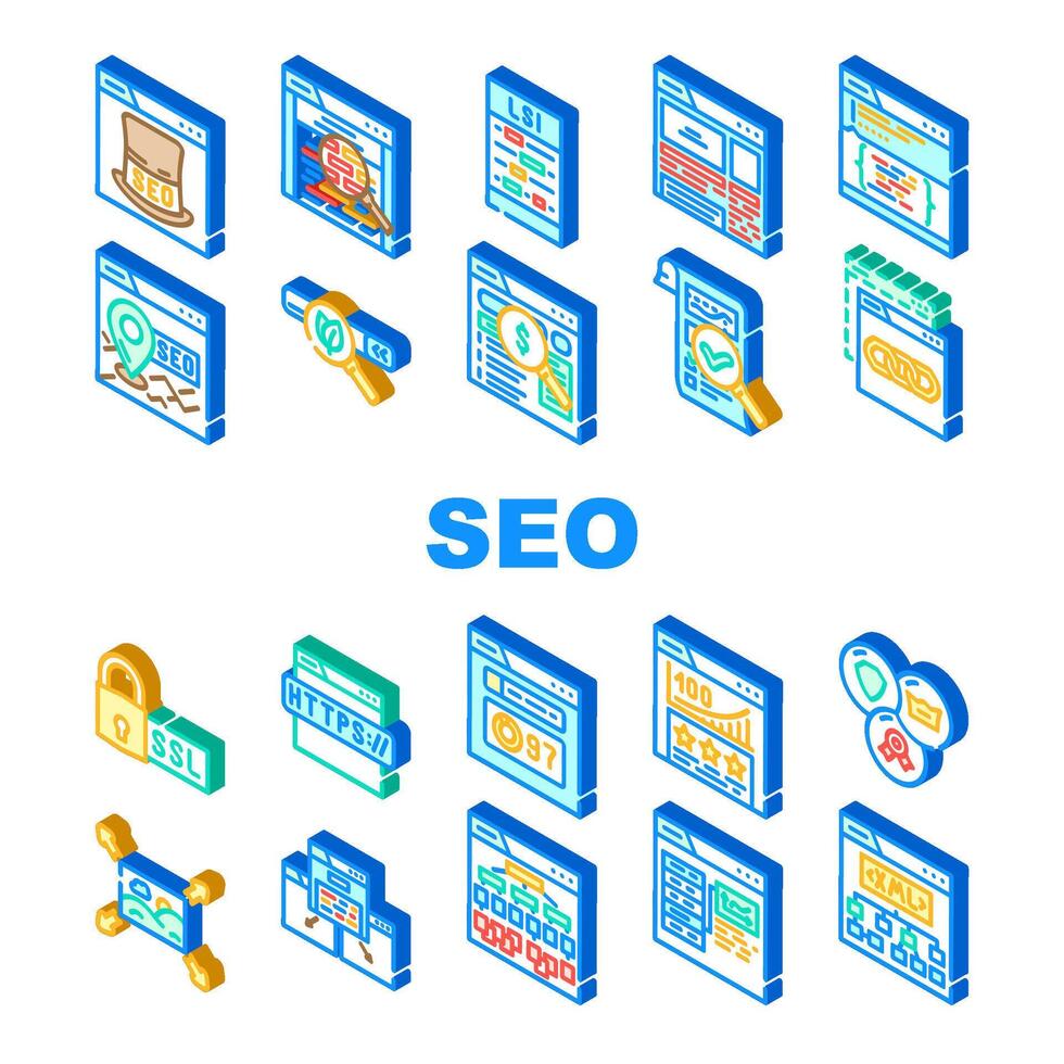 seo web technical consulting icons set vector