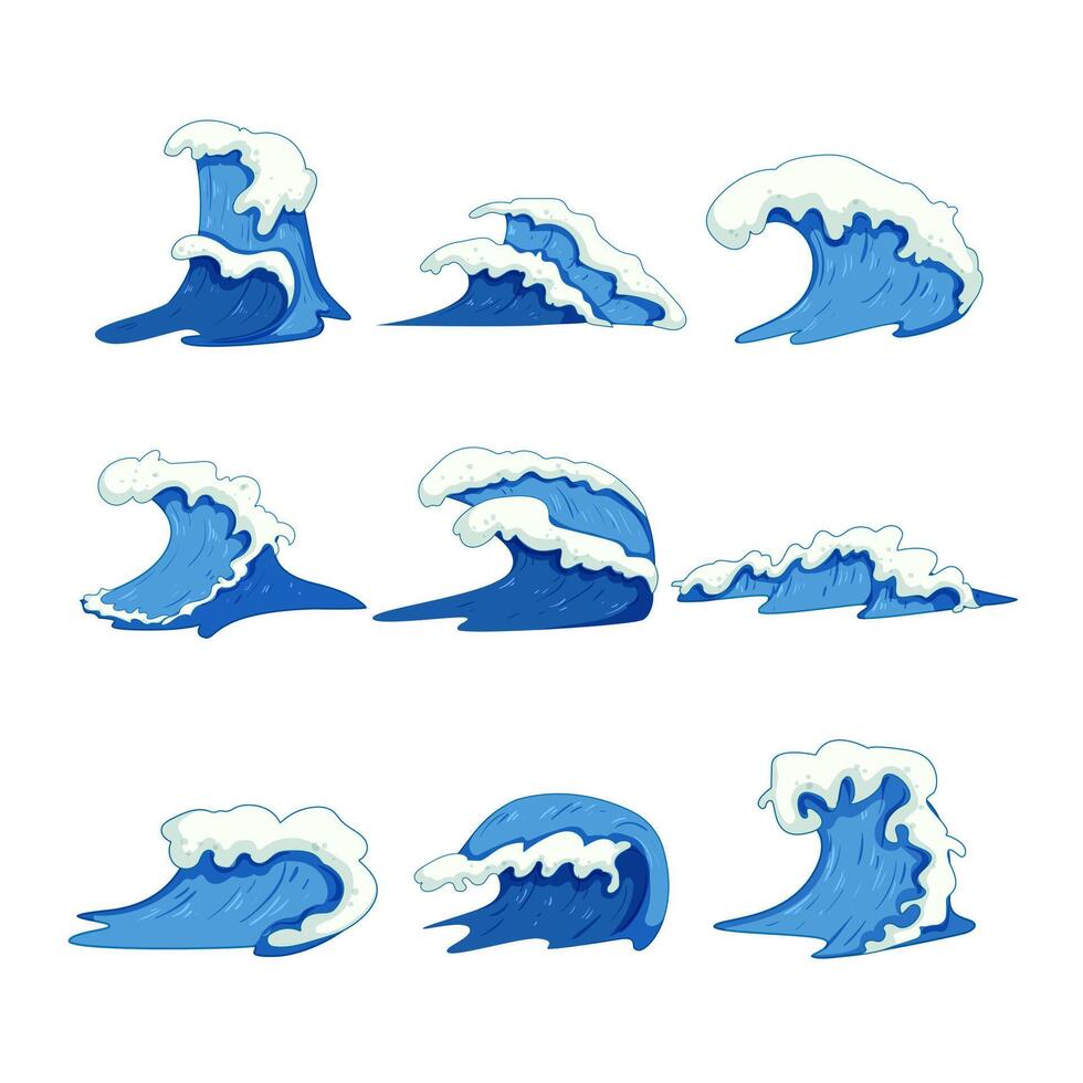 Oceano olas conjunto dibujos animados vector ilustración