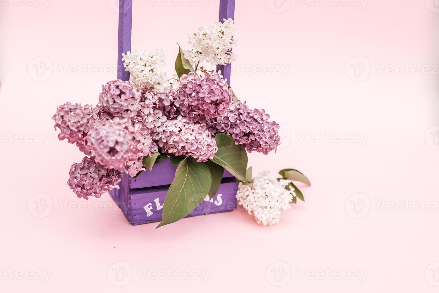 Lilac flowers bunch in a violet wooden basket over pink background. photo