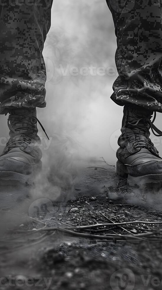 AI generated Combat boots on dusty ground steps of resilience photo