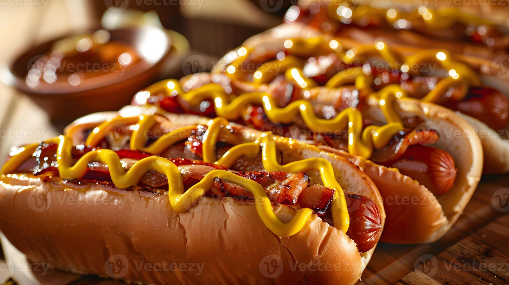AI generated Hot dogs with all the toppings mustard swirl ballpark vibe photo