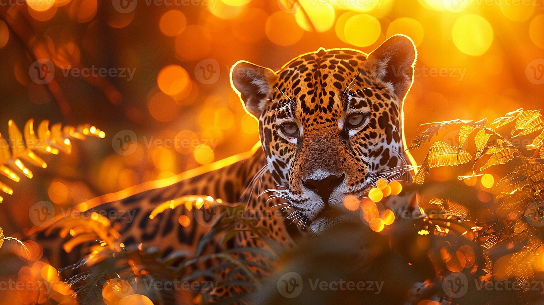 AI generated Jaguar, Wild Ferns, Majestic predator roaming lush jungle foliage under a setting sun, Realistic, Golden Hour, Depth of Field Bokeh Effect photo