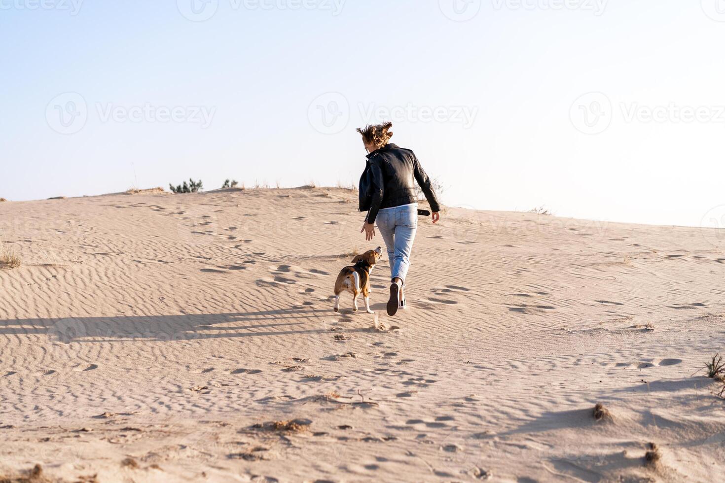 a young Caucasian girl somewhere in a leather jacket and blue jeans runs along the sandy beach with her beagle dog photo