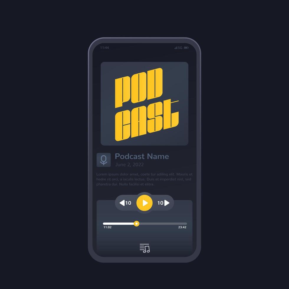 podcast app and player, mobile ui design, interface with phone mockup vector