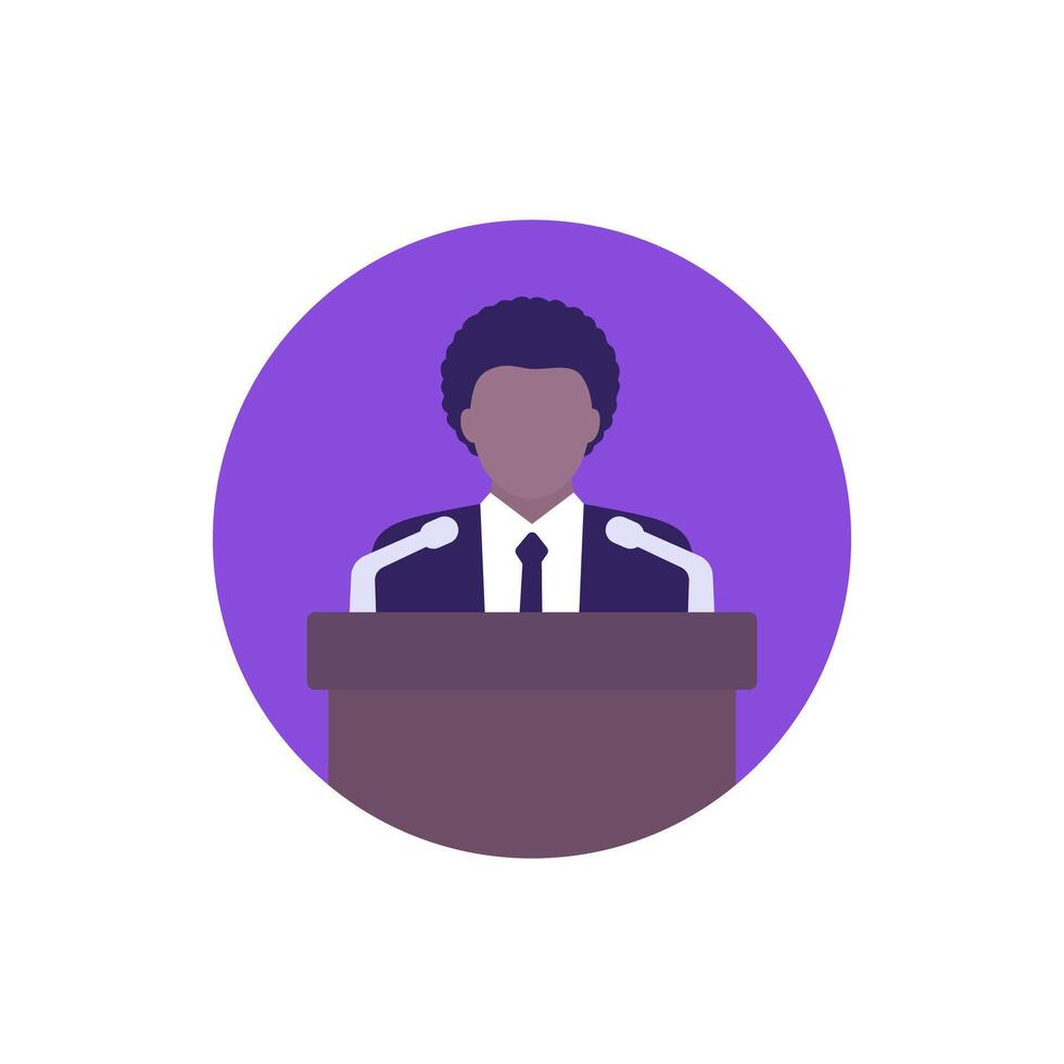 conference icon with a speaker on stage, flat vector