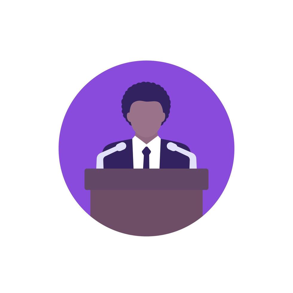 conference icon with a speaker on stage, flat vector