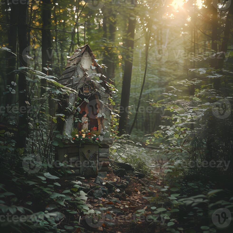 AI generated Mystical shrine in the forest, place of whispers and wishes photo