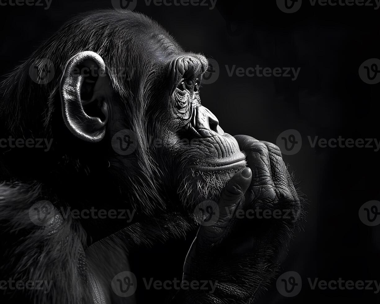 AI generated Pensive chimpanzee, depth of thought, mirror of humanity photo