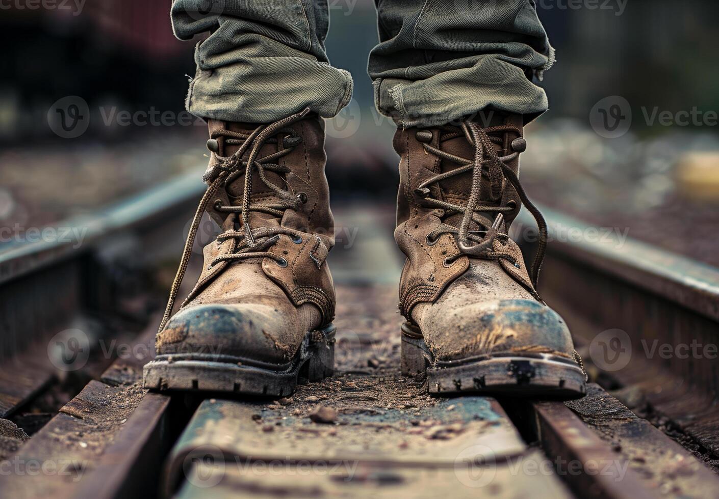 AI generated Pair of old worn hiking boots. Military boots photo