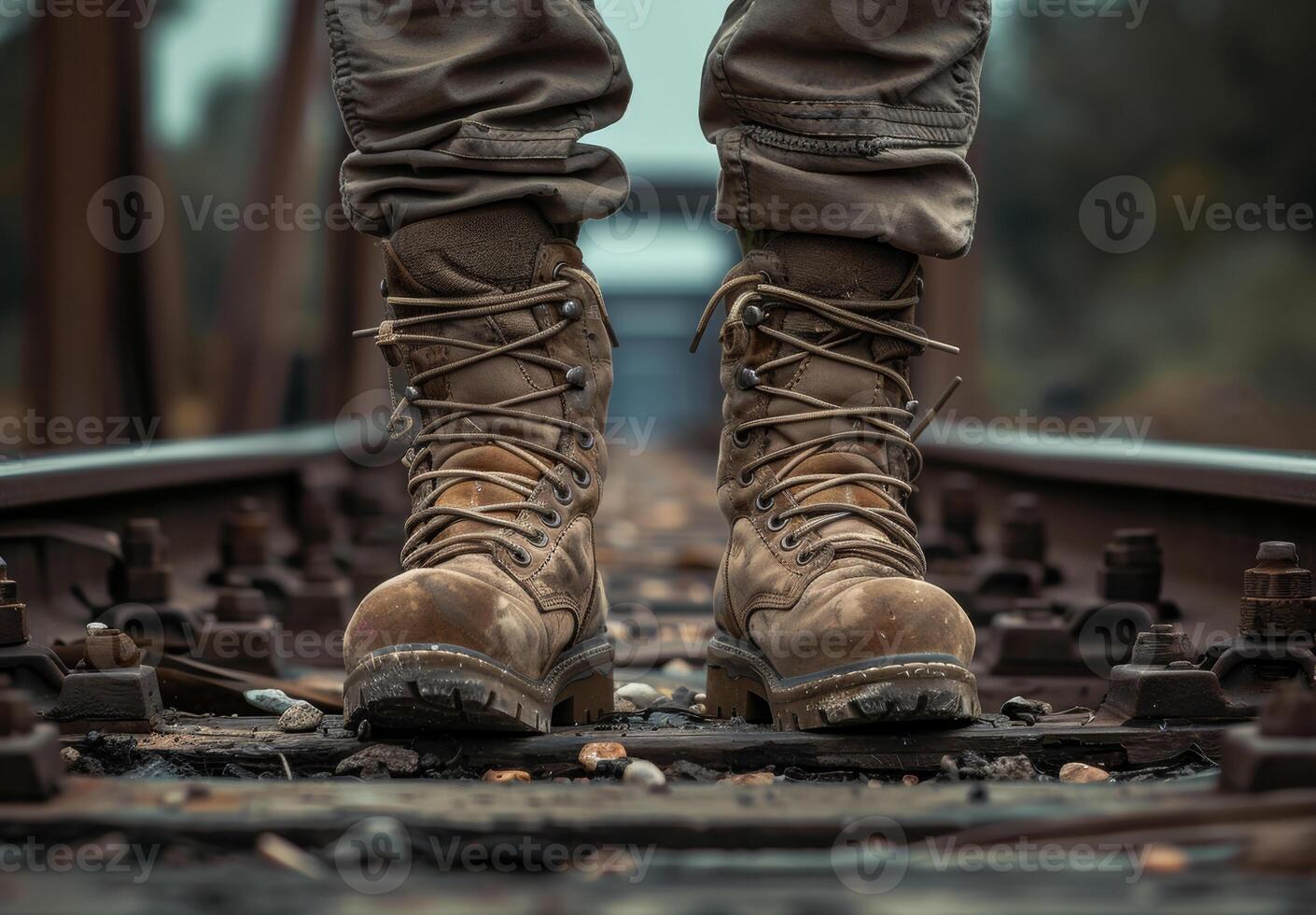 AI generated Hiker in hiking boots standing on the railroad tracks photo