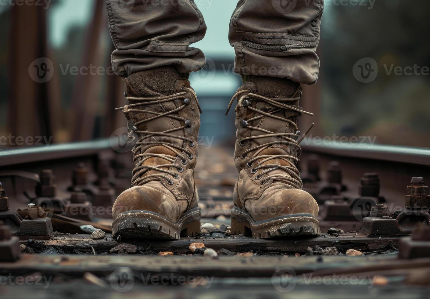 ai generado caminante en excursionismo botas en pie en el ferrocarril pistas foto