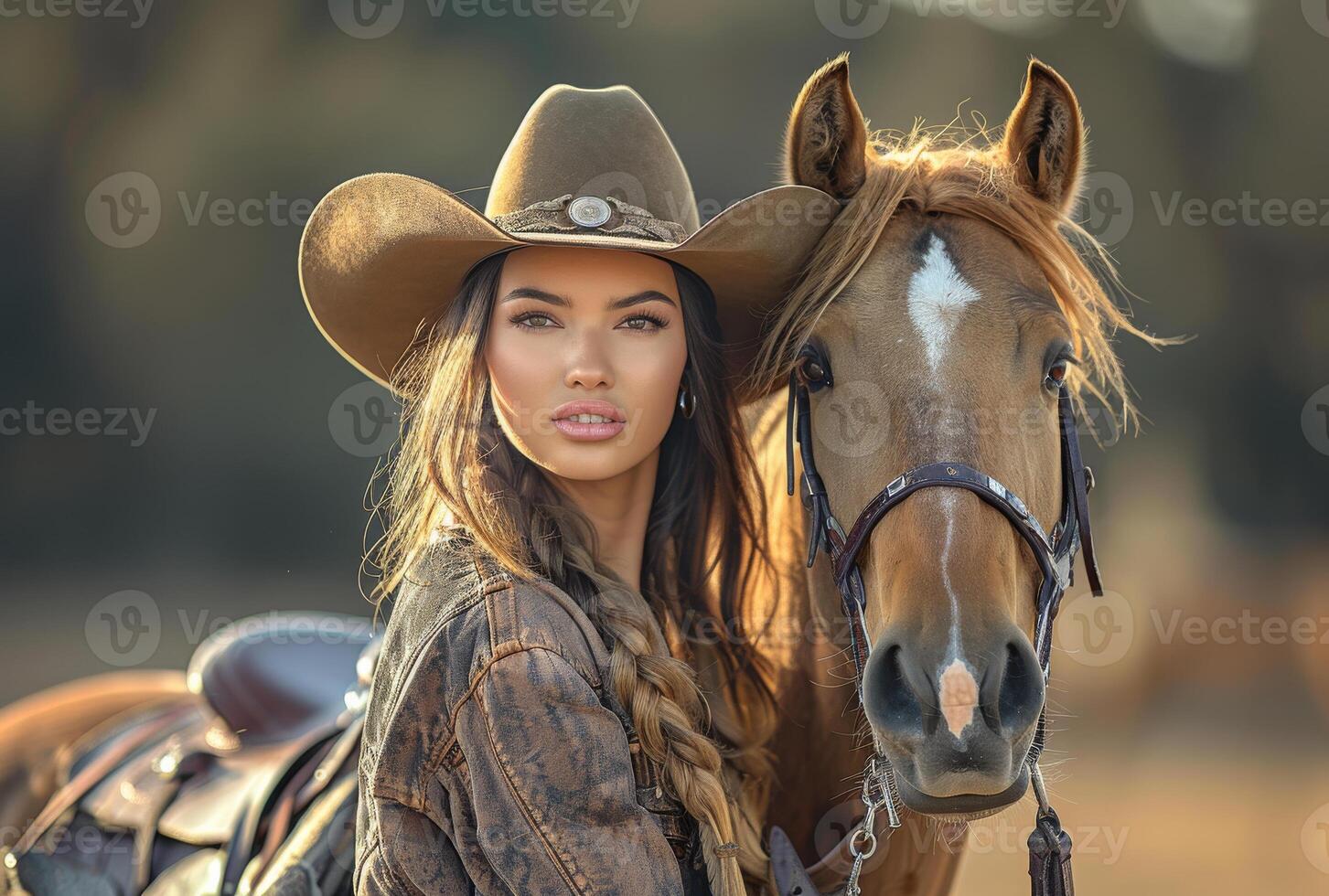 ai generado hermosa joven mujer y caballo en el Afuera foto