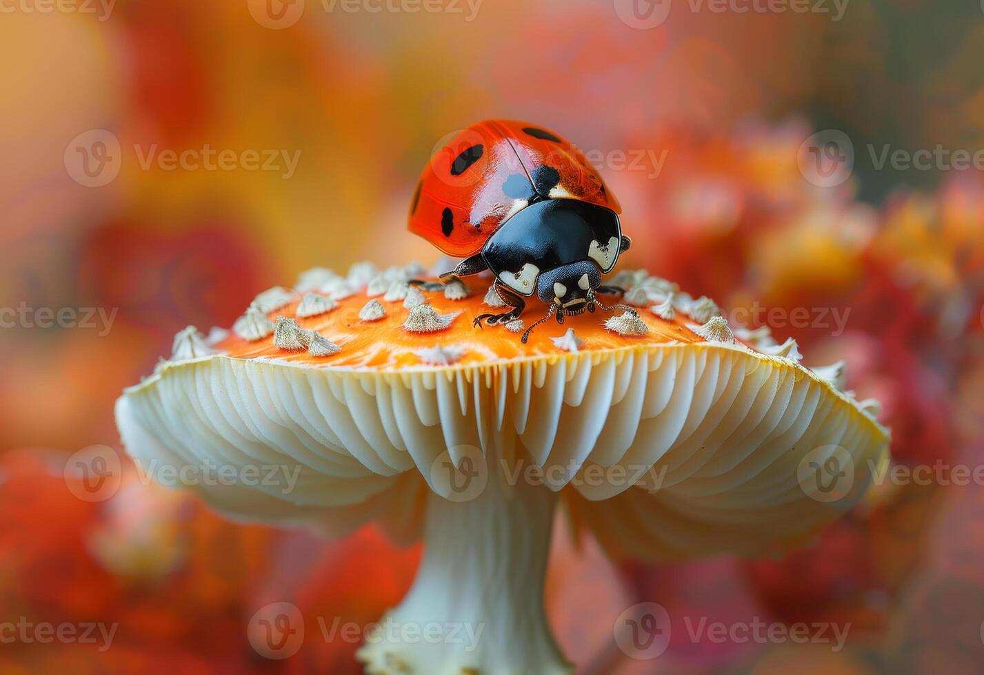 ai generado mariquita en seta. un mariquita encaramado en el gorra de un elegante seta foto