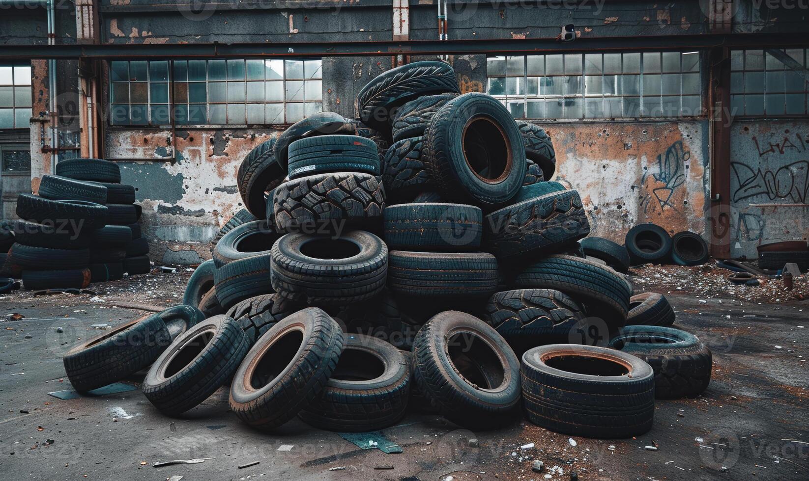 AI generated Old tires piled up in junkyard photo