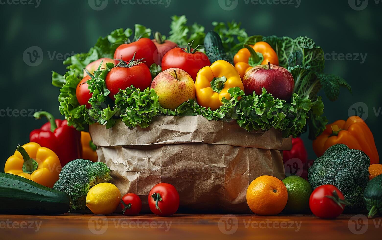 AI generated Paper bag full of healthy food on wooden table photo