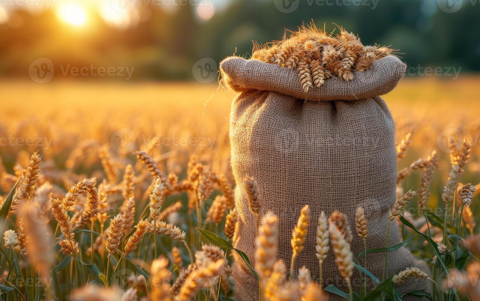 AI generated Wheat ears in bag on the background of wheat field. Grain of wheat bag in a field photo