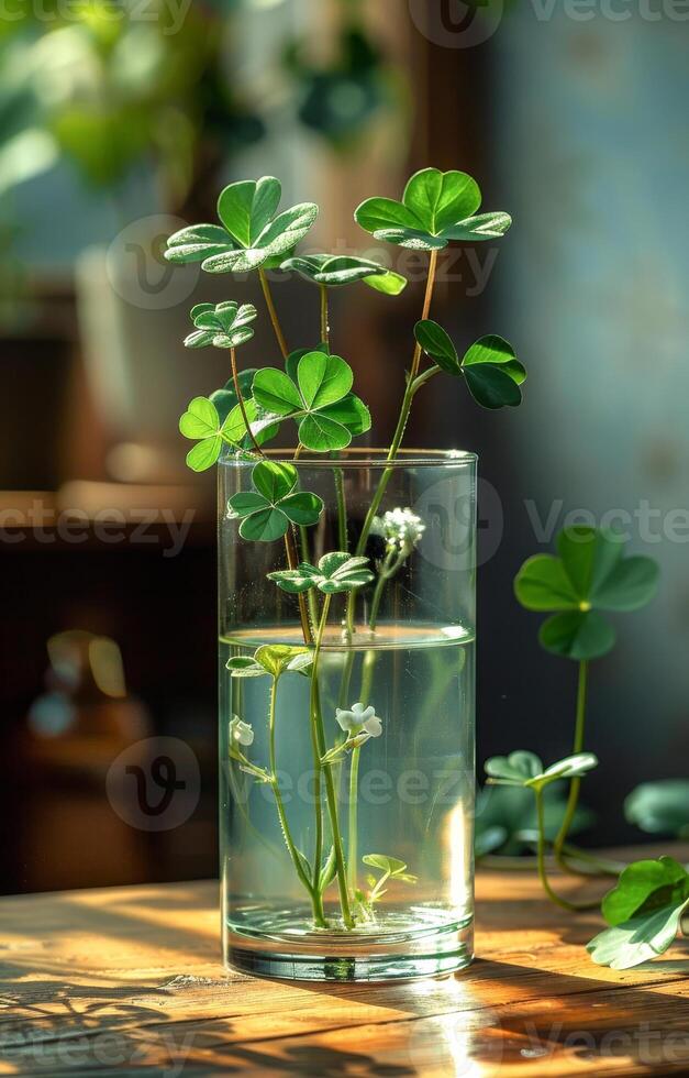 ai generado agua y trébol en vaso en de madera mesa. trébol foto