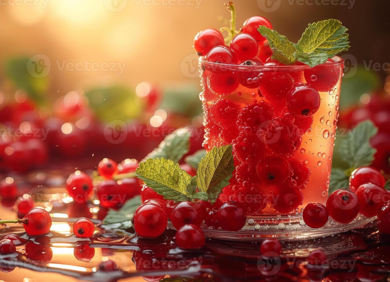 AI generated Red currant juice in glass and fresh berries with drops of water on dark background photo