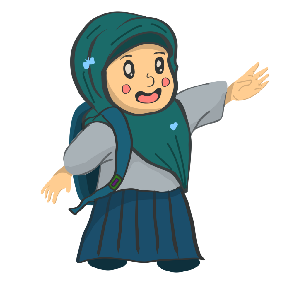 Cartoon illustration of a Muslim girl with a backpack waving. Perfect for educational resources, multicultural presentations, and diverse marketing materials. png