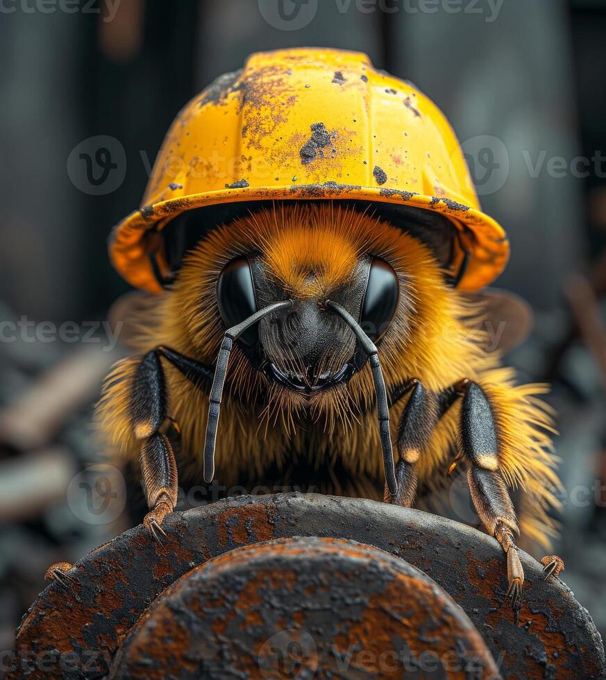 AI generated Bee in helmet is sitting on rusty metal pipe photo