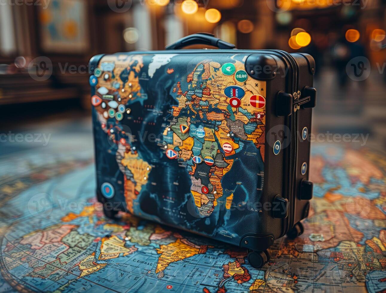 AI generated Travel vintage suitcase is placed on the world map photo