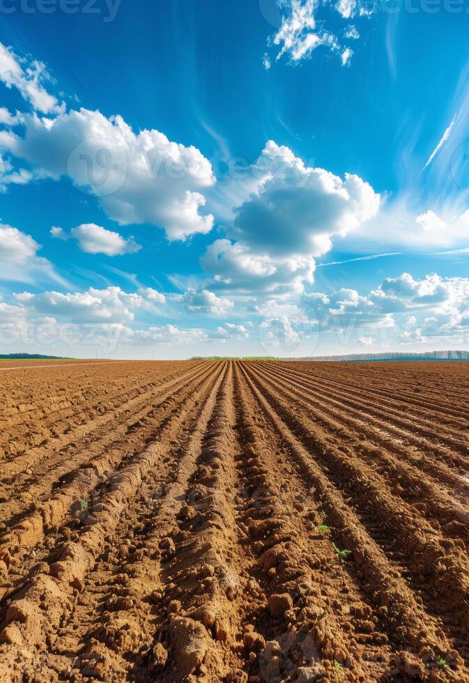 ai generado surcos. agrícola campo en cuales el cosecha es crecido foto