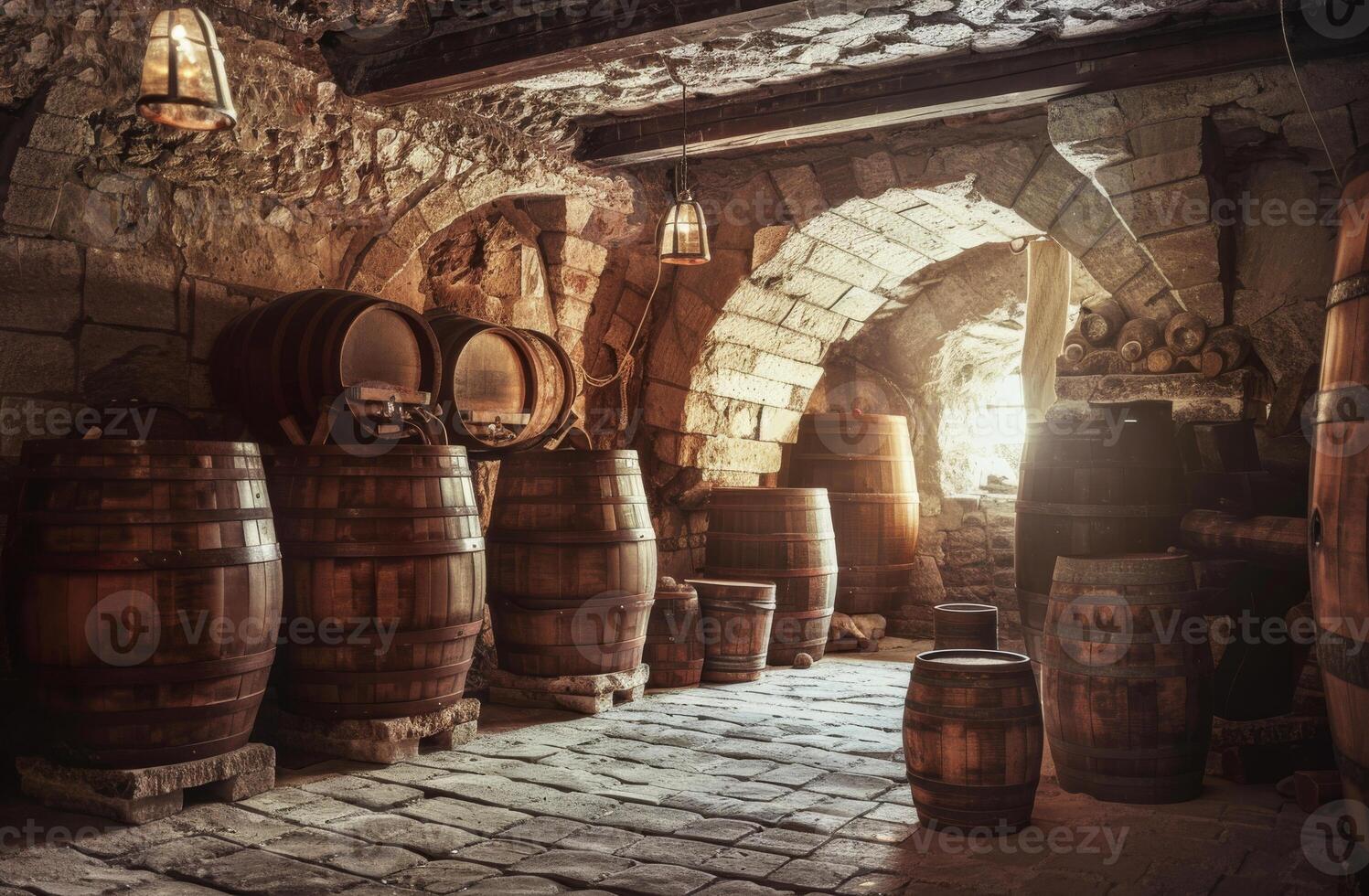 AI generated Old wooden barrels in wine vault illuminated by the rays of the setting sun photo