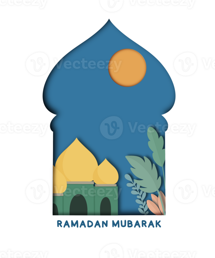 Ramadan illustration with mosque and lantern with paper cutout style png